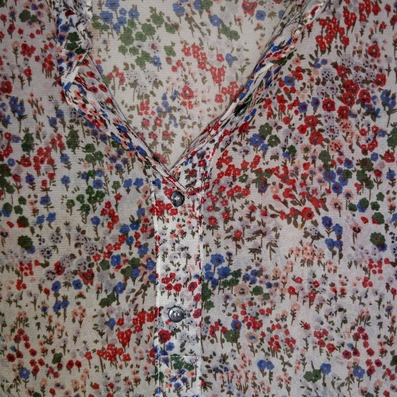 AMANG NY  sheer colorful blouse Blues Reds greens M ruffle sleeve v-neck floral - Picture 5 of 6